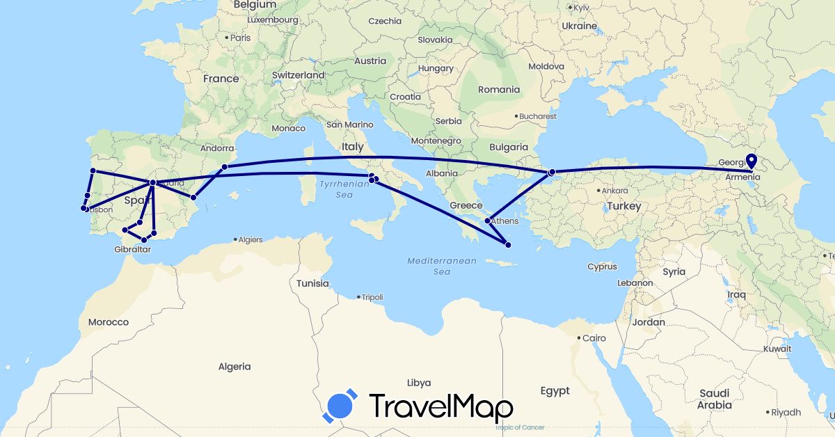 TravelMap itinerary: driving in Azerbaijan, Spain, Greece, Italy, Portugal, Turkey (Asia, Europe)